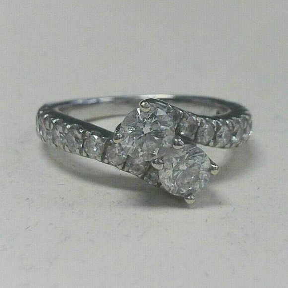 Unique 14K White Gold 2 Center Stone Diamond Ring - Picture 4 of 7